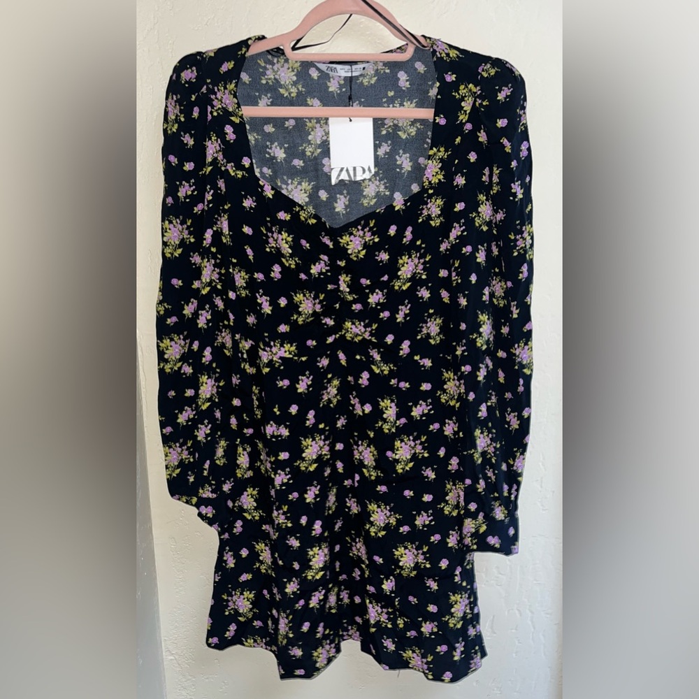 Zara Black Pink Ruched dress with Peter Pan Collar